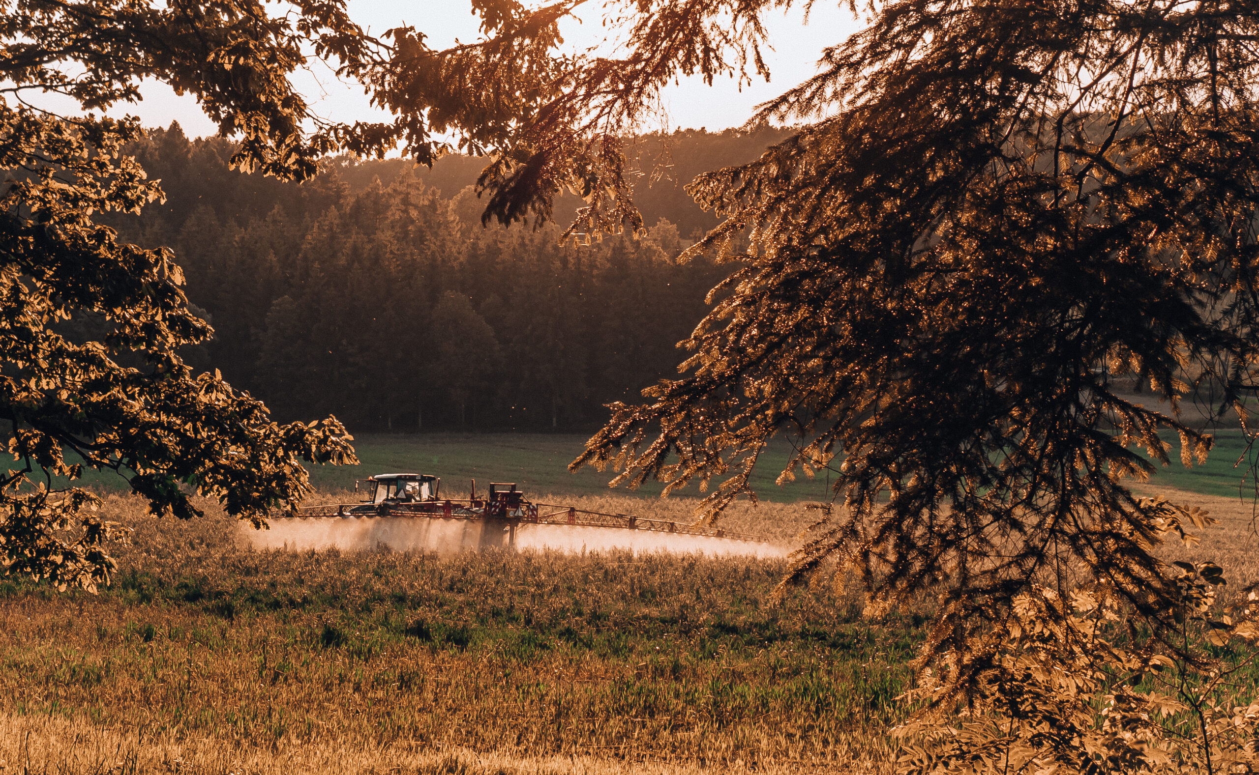 Zachód, traktor na polu